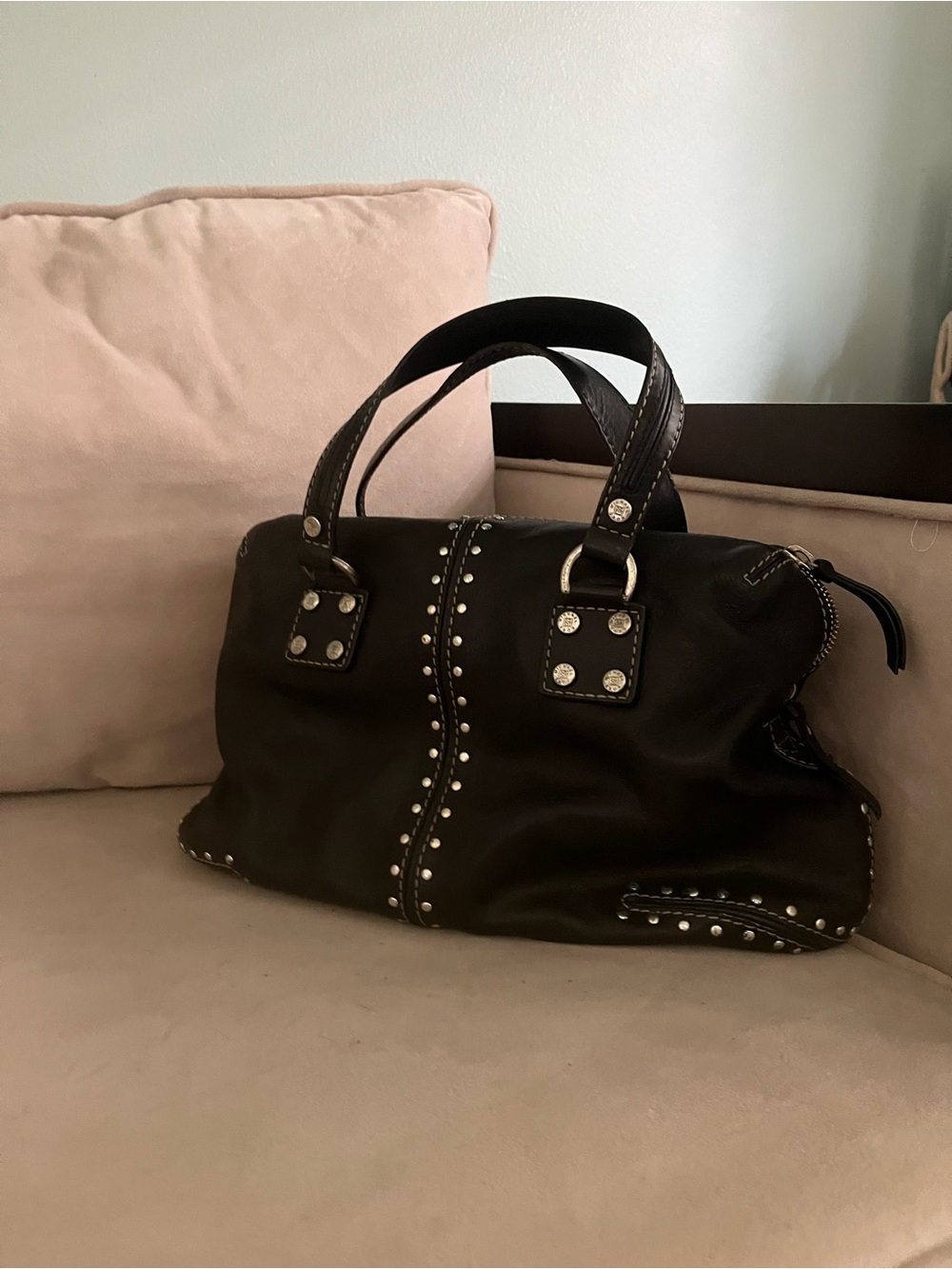 Michael Kors black leather satchel with silver detail. Pre-owned Condition-Good